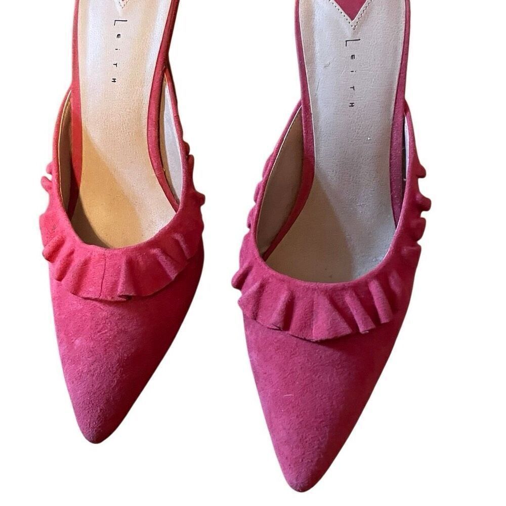 LEITH | pink suede mule heels with ruffle detail 8 - Picture 9 of 14